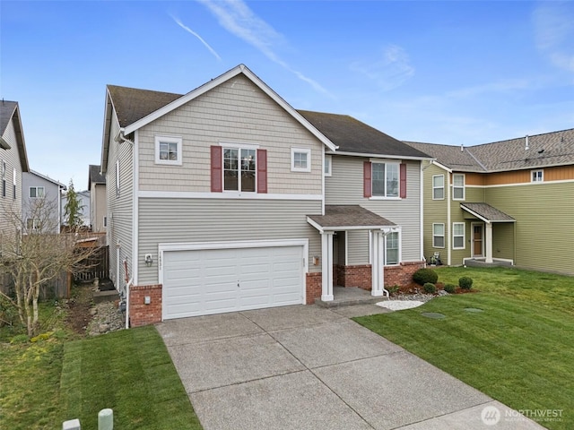 view of front of home featuring brick siding, driveway, a front yard, and a garage