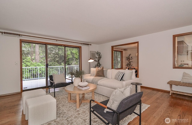 living area featuring baseboards and light wood finished floors