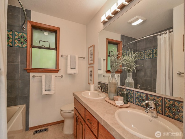 full bath with tile patterned floors, visible vents, toilet, and a sink