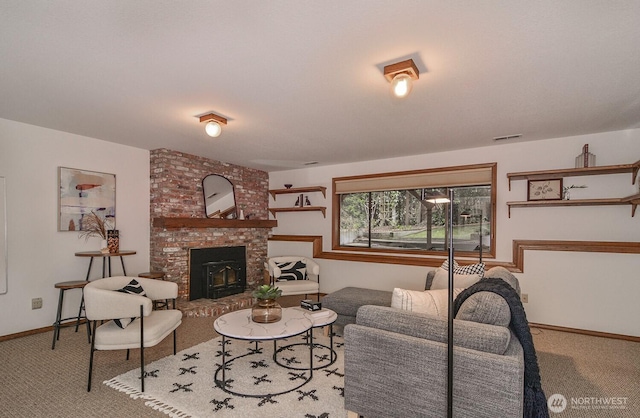 living area with carpet flooring, baseboards, and visible vents