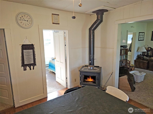 bedroom featuring a wood stove and wood finished floors