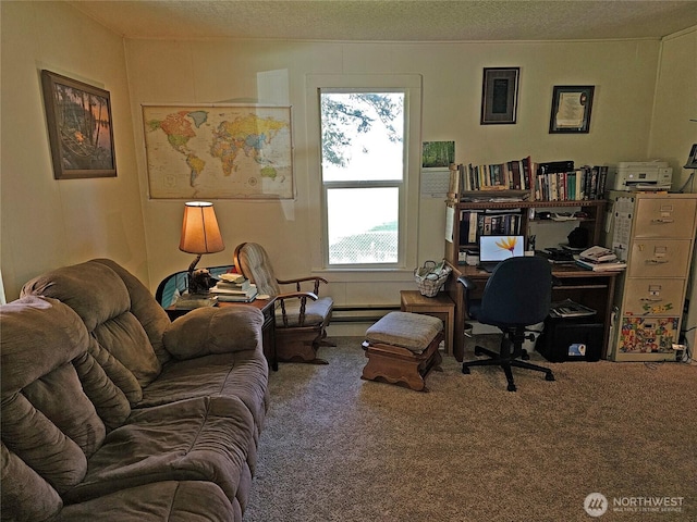 carpeted office featuring a textured ceiling