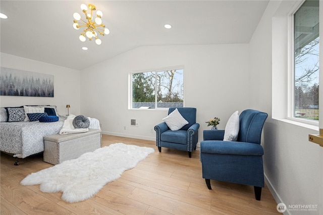 bedroom featuring recessed lighting, light wood-style floors, baseboards, a chandelier, and vaulted ceiling