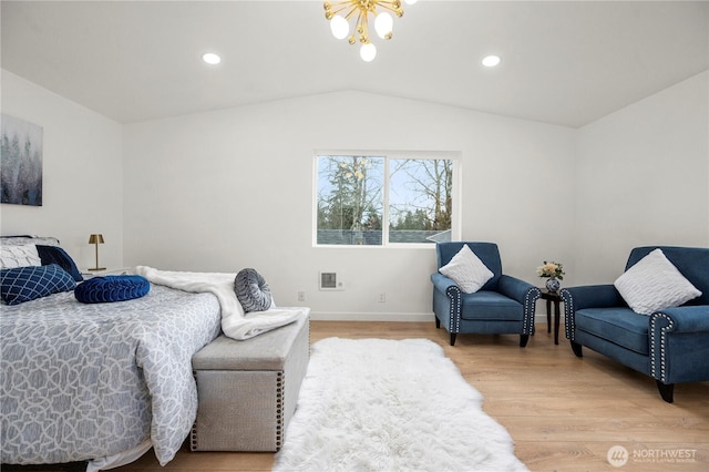 bedroom with baseboards, a chandelier, lofted ceiling, recessed lighting, and light wood-style floors