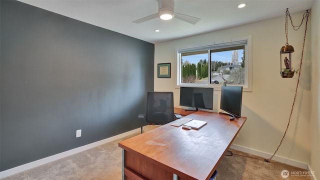 carpeted office with recessed lighting, a ceiling fan, and baseboards