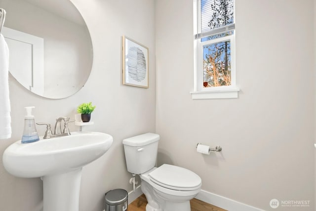 bathroom featuring plenty of natural light, toilet, baseboards, and wood finished floors