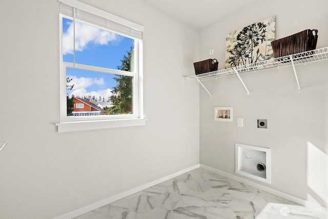 laundry room with baseboards, washer hookup, laundry area, marble finish floor, and electric dryer hookup