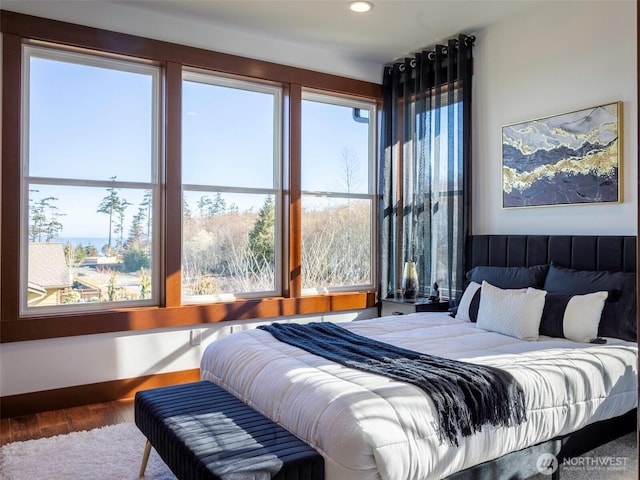 bedroom with recessed lighting, baseboards, multiple windows, and wood finished floors