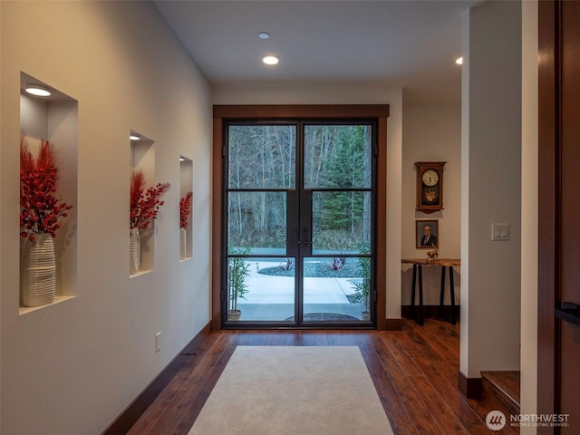 doorway with dark wood-style floors, a healthy amount of sunlight, and baseboards