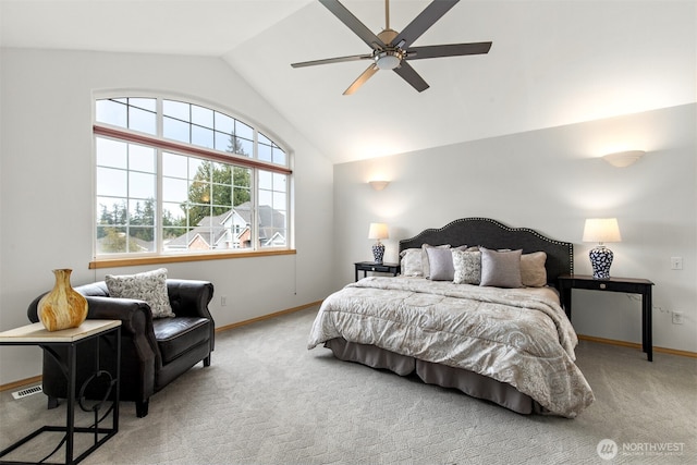 carpeted bedroom featuring visible vents, a ceiling fan, baseboards, and high vaulted ceiling