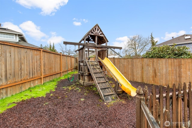 view of play area featuring a fenced backyard