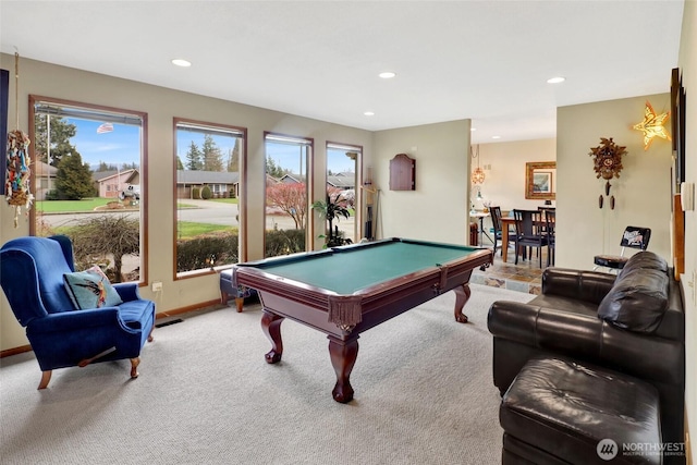 rec room with billiards, visible vents, baseboards, recessed lighting, and light carpet