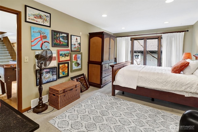 bedroom featuring light carpet, visible vents, recessed lighting, and baseboards