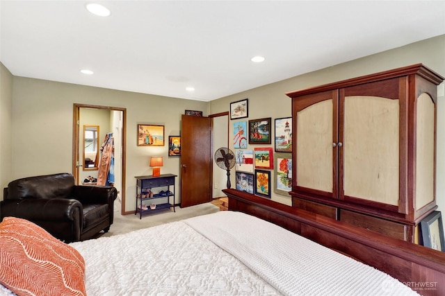 carpeted bedroom with recessed lighting and baseboards