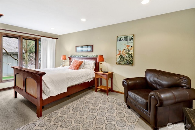 bedroom with recessed lighting, baseboards, and light carpet