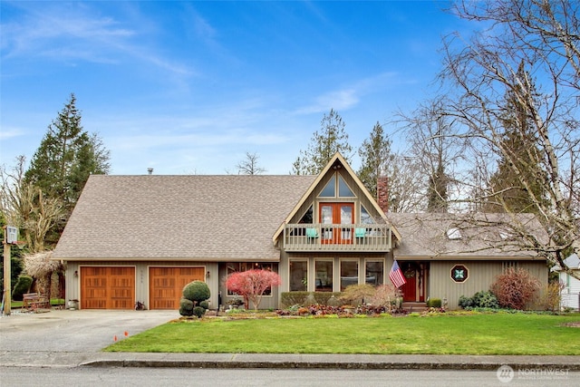 view of front of house with an attached garage, a shingled roof, a front yard, a chimney, and driveway