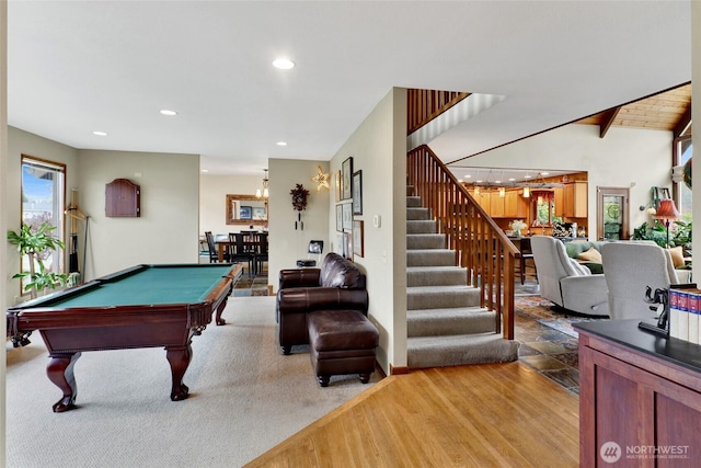 game room featuring recessed lighting, billiards, an inviting chandelier, and wood finished floors