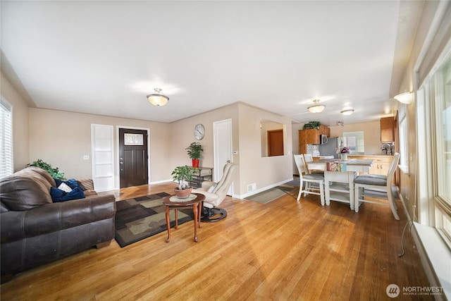 living room with baseboards and wood finished floors