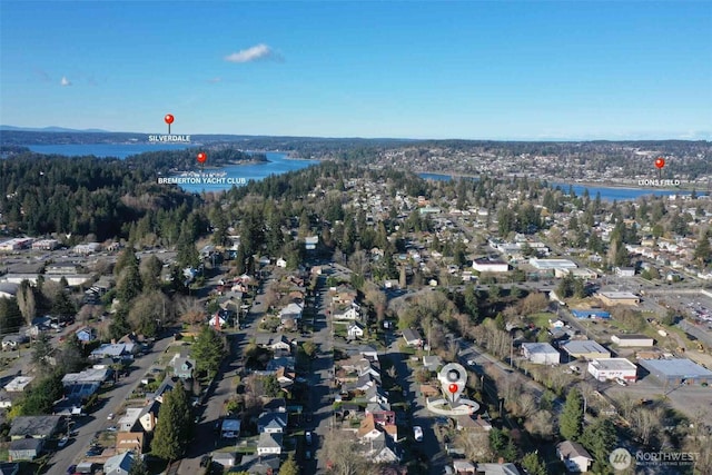 birds eye view of property featuring a water view