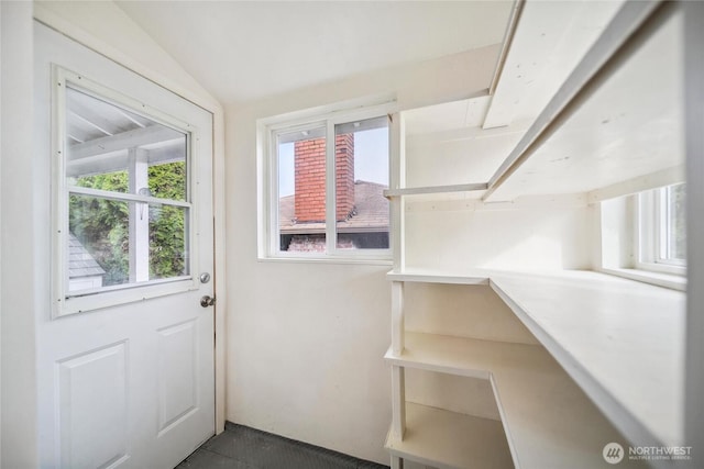 entryway featuring lofted ceiling