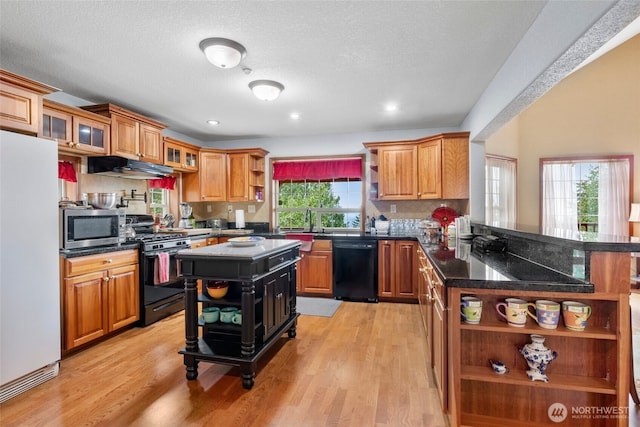 kitchen featuring under cabinet range hood, light wood-type flooring, a peninsula, black appliances, and open shelves