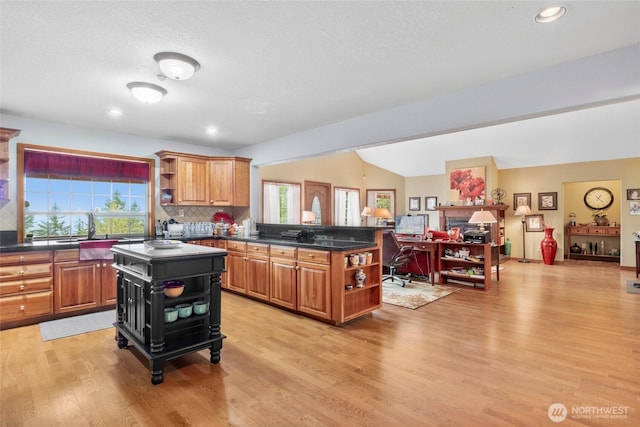 kitchen with open shelves, plenty of natural light, and a sink