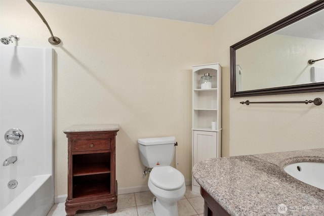 full bathroom with tile patterned floors, toilet, tub / shower combination, baseboards, and vanity