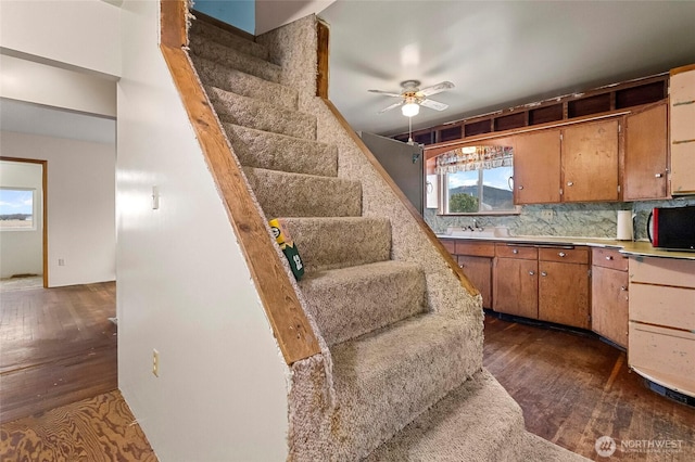 stairway featuring a ceiling fan and wood-type flooring