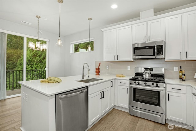 kitchen featuring decorative backsplash, a peninsula, appliances with stainless steel finishes, and a sink