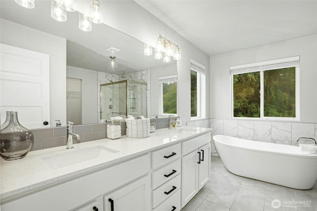 full bathroom featuring double vanity, a soaking tub, a stall shower, and a sink