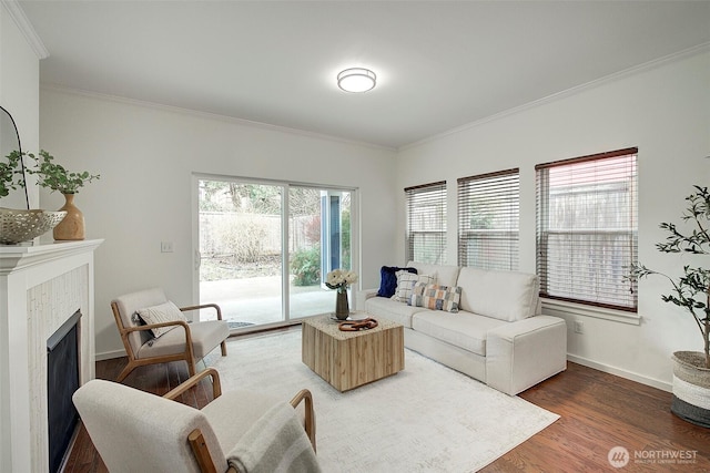 living area featuring ornamental molding, a fireplace, baseboards, and wood finished floors