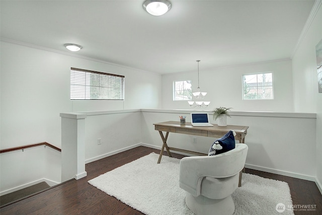 office with crown molding, baseboards, and wood finished floors