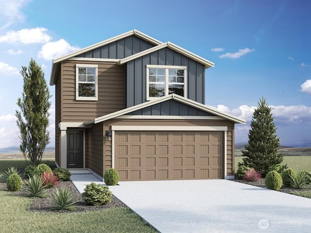 view of front of property featuring board and batten siding, driveway, and a garage