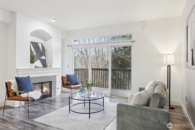 living room featuring baseboards, wood finished floors, and a tile fireplace