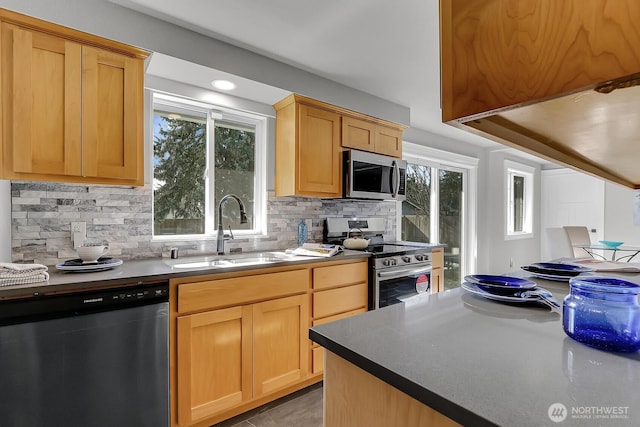 kitchen with a sink, tasteful backsplash, light brown cabinetry, and stainless steel appliances