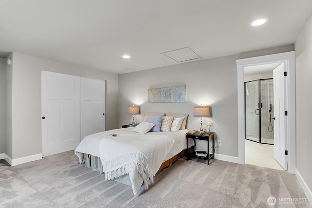 carpeted bedroom with a closet, recessed lighting, and baseboards