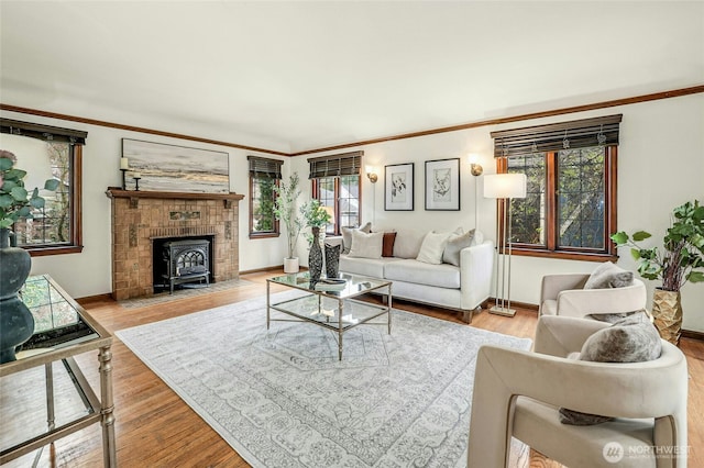 living room featuring plenty of natural light, a wood stove, and wood finished floors