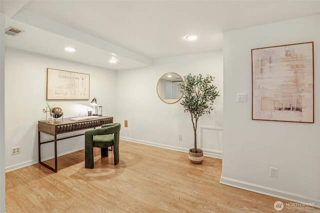 office area featuring recessed lighting, baseboards, visible vents, and light wood-type flooring