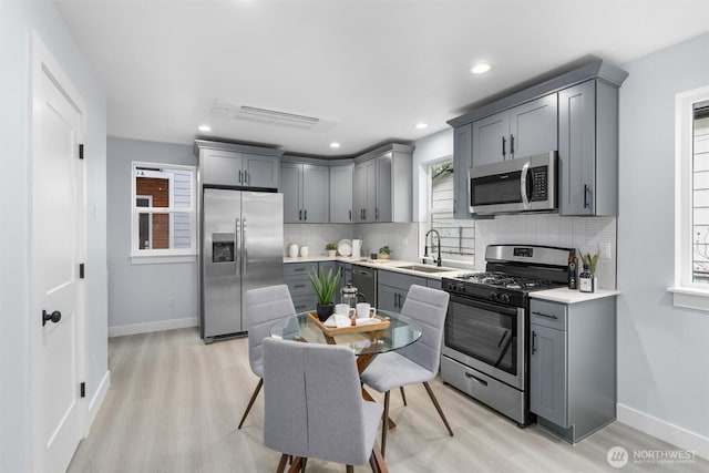 kitchen featuring a sink, decorative backsplash, gray cabinetry, light countertops, and stainless steel appliances