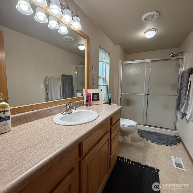 full bathroom with vanity, toilet, visible vents, and a stall shower