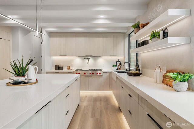 kitchen with stainless steel gas cooktop, light brown cabinetry, light countertops, light wood-style floors, and modern cabinets