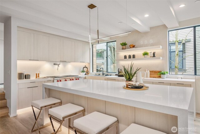 kitchen with light countertops, plenty of natural light, and modern cabinets