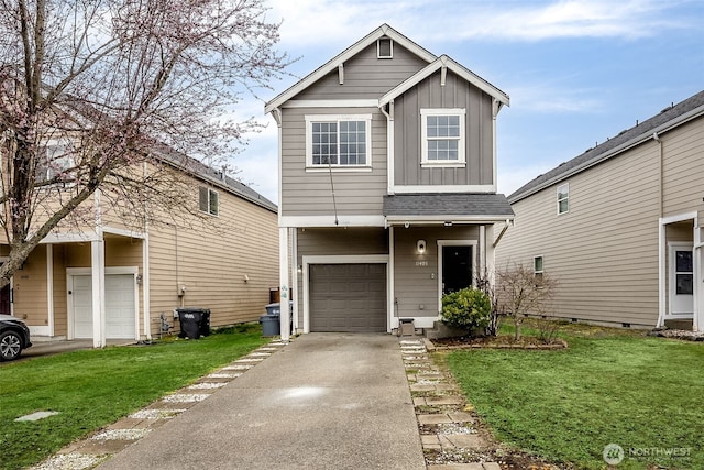 view of front of property featuring board and batten siding, a front lawn, roof with shingles, a garage, and driveway