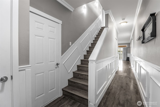 stairs featuring a decorative wall, wood finished floors, a wainscoted wall, and ornamental molding