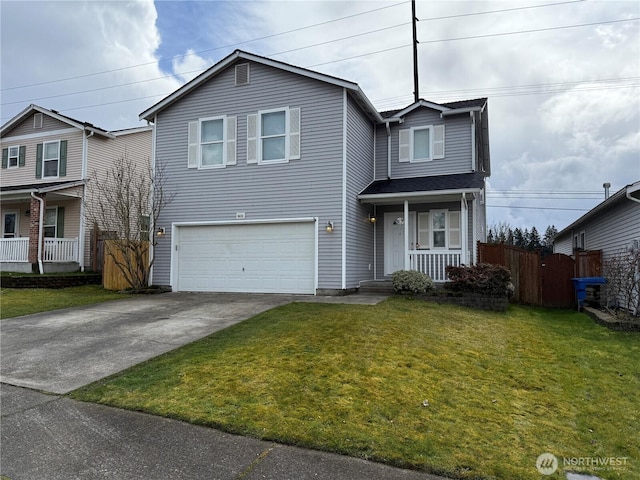 traditional-style home featuring fence, covered porch, concrete driveway, an attached garage, and a front yard