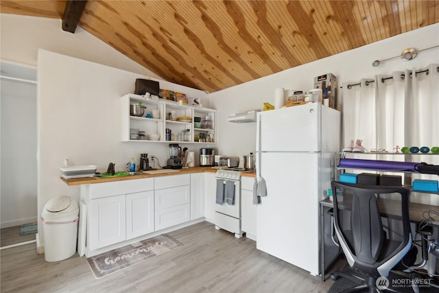 kitchen with white appliances, wooden counters, vaulted ceiling with beams, wood ceiling, and light wood-type flooring