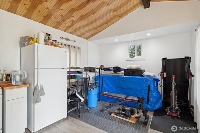 office area featuring recessed lighting, wood finished floors, wooden ceiling, and vaulted ceiling with beams