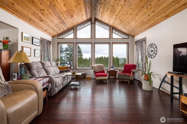 living room with wooden ceiling, wood finished floors, baseboards, and lofted ceiling