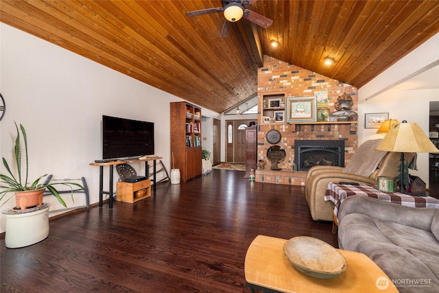 living room with a brick fireplace, ceiling fan, wood ceiling, lofted ceiling, and wood finished floors