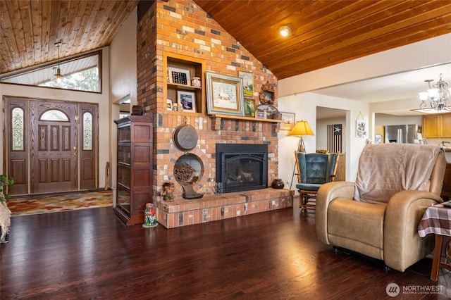 living room featuring a brick fireplace, wood ceiling, lofted ceiling, and wood finished floors